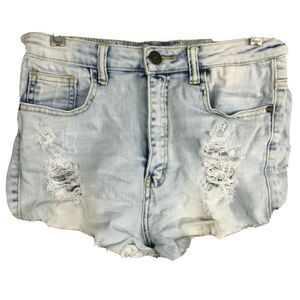 Machine Shorts Womens Sz L Light Wash Distressed High Rise Denim Raw‎ Hem